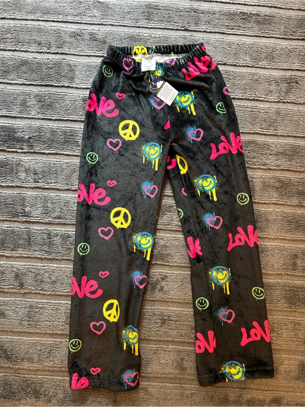 Heartbreaker Black Fleece Pajama Pants with Neon Pink 'Love' & Multicolor Prints